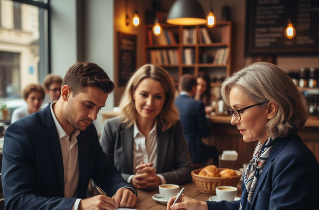 Notary meeting client at a library table